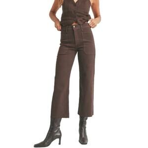 Just Black Denim Nautical Brown Wide Leg Cropped Jeans Size 27 High Rise Raw Hem